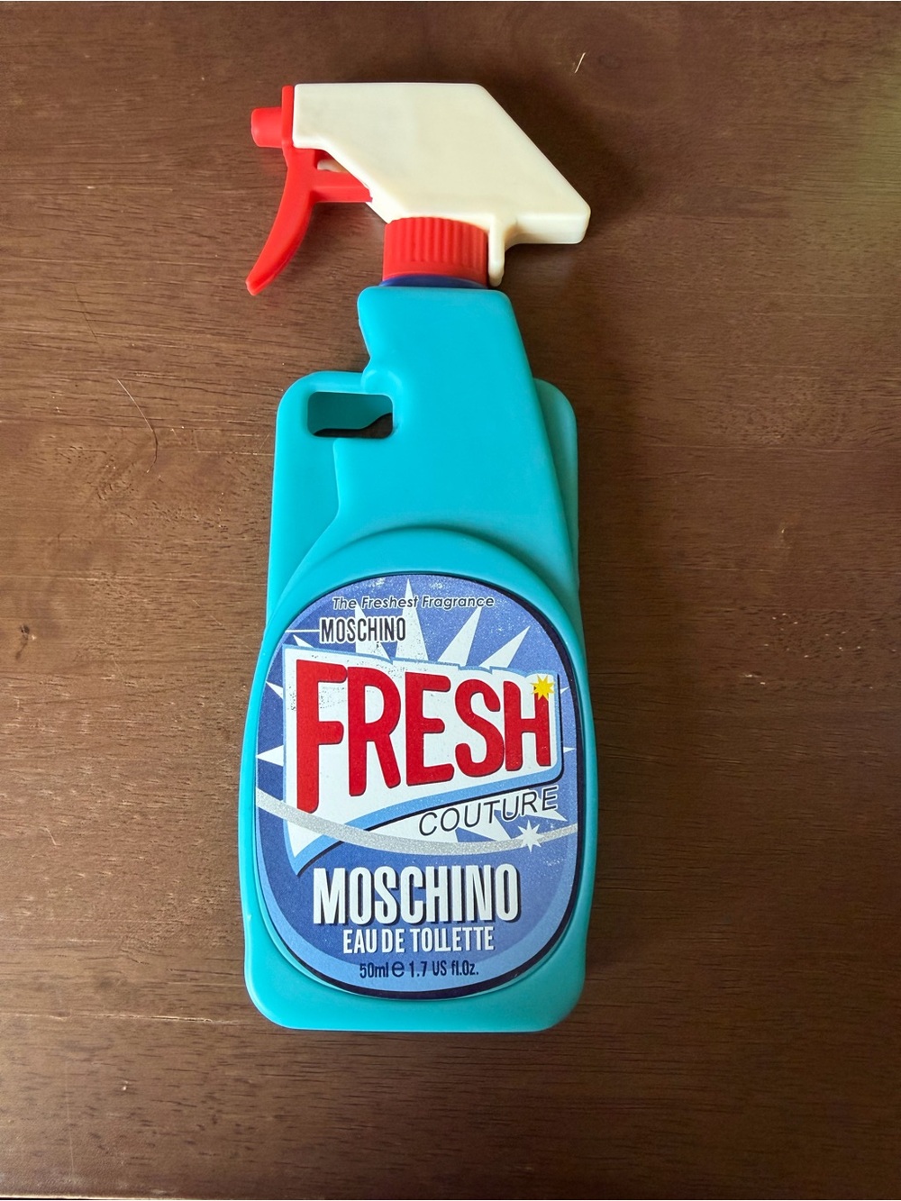Moschino Turquoise Spray Bottle Phone Case with Red and Cream Accents